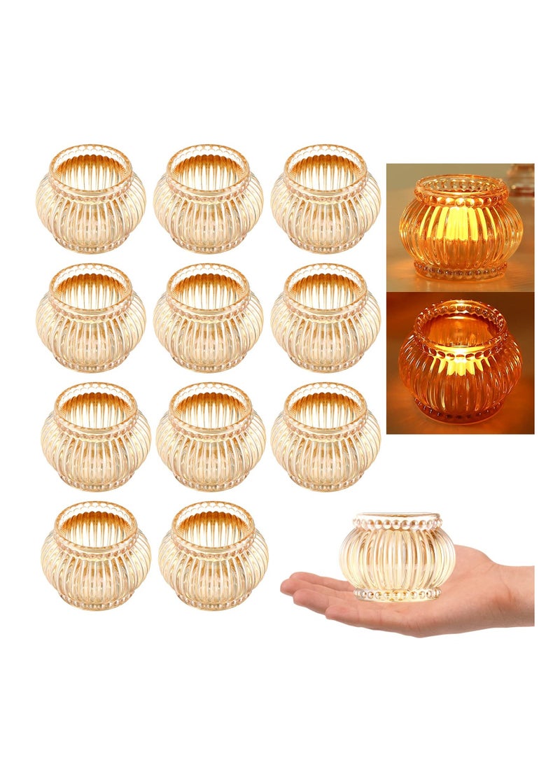 Amber Tealight Candle Holder Set of 12, Amber Glass Tealight Candle Holders for Wedding Party, Tea Light Candles Holder Bulk for  Centerpiece Party (2.65 X1.95, Amber Lantern)