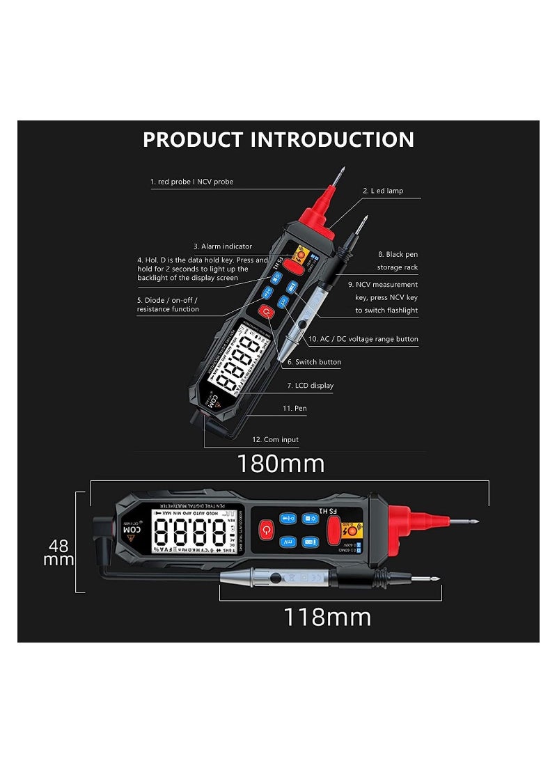 Electrical Voltage Tester, Pen-Type Multimeter with NCV, Small Multimeter 0.6V-600V, Portable Professional Multimeter Pen for AC/DC Voltage/Live Wire Test/Capacitance/Resistance/Continuity/Diode