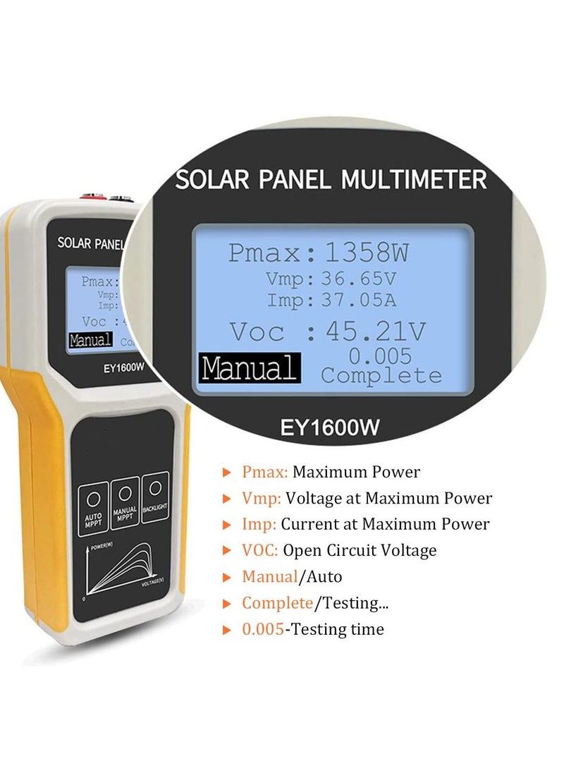 Solar Panel Tester, 1600W Solar Panel Tester MPPT Photovoltaic Panel Multimeter, Upgraded with Ultra Clear LCD Display, Smart MPPT Tools for Testing Solar PV Panel Data and Troubleshooting