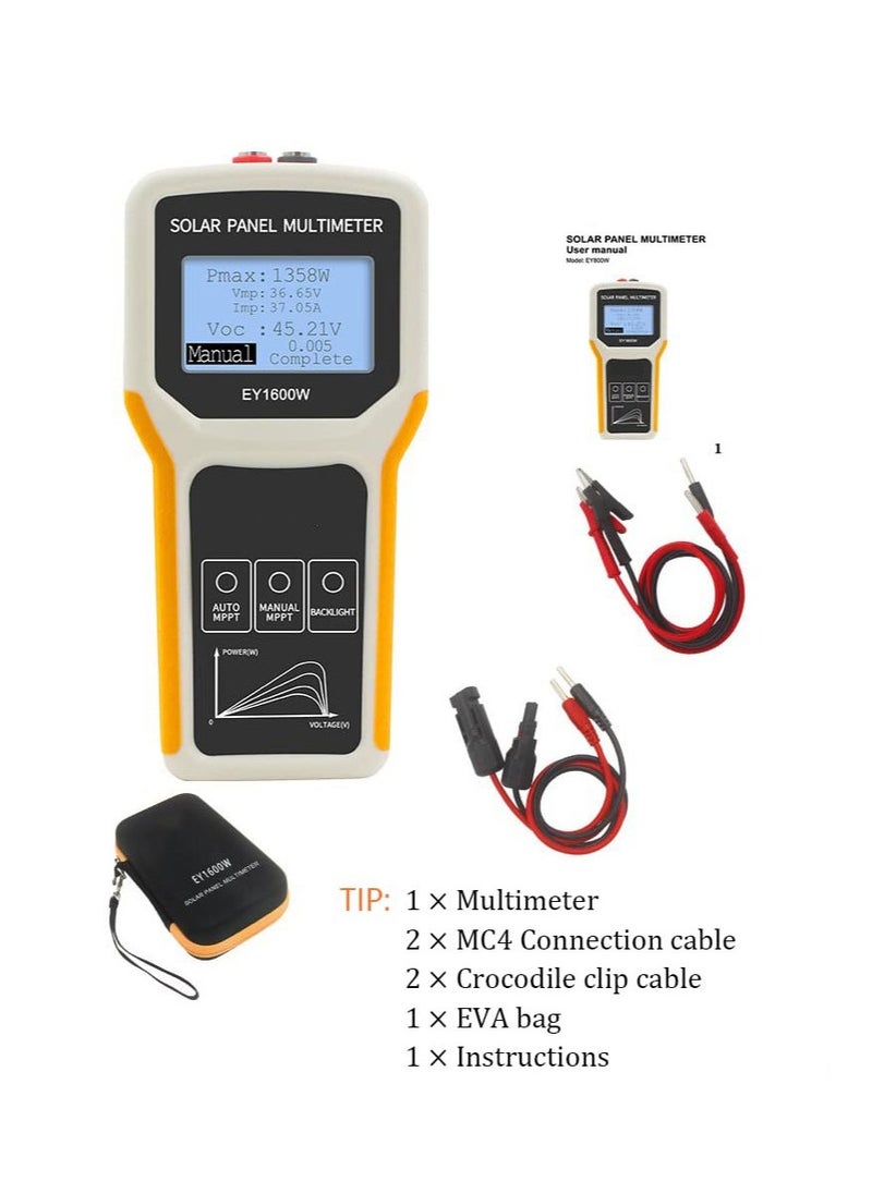 Solar Panel Tester, 1600W Solar Panel Tester MPPT Photovoltaic Panel Multimeter, Upgraded with Ultra Clear LCD Display, Smart MPPT Tools for Testing Solar PV Panel Data and Troubleshooting