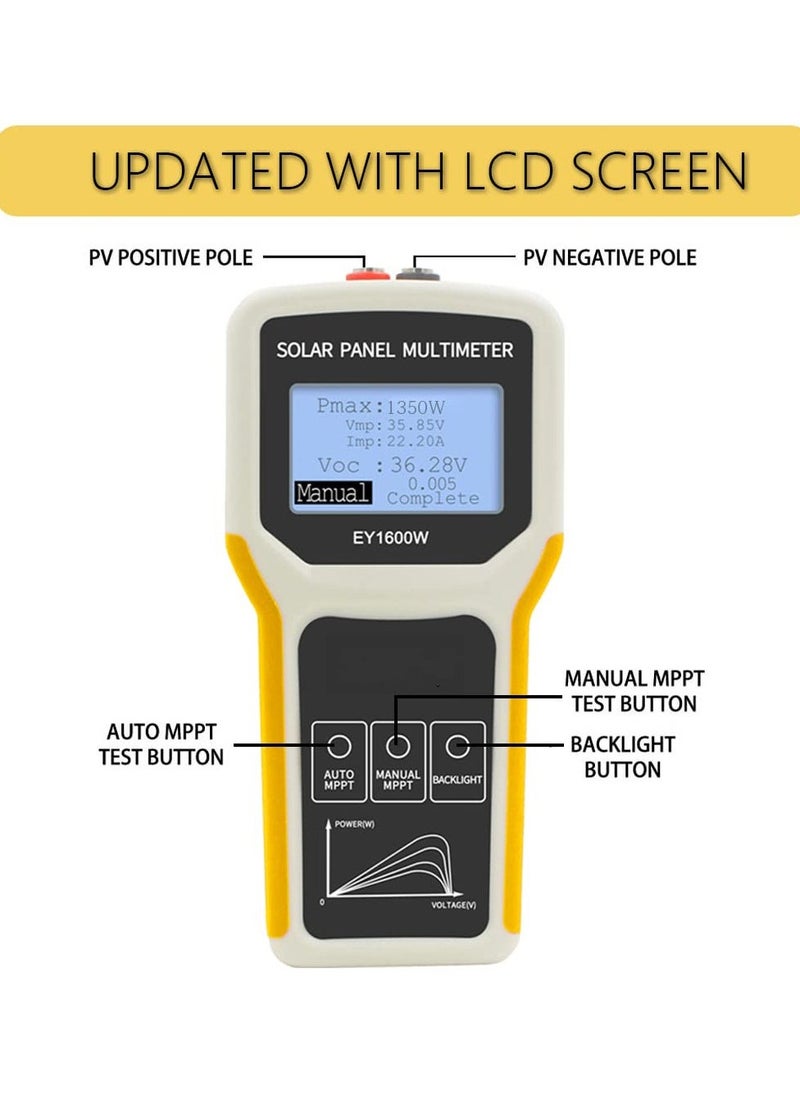 Solar Panel Tester, 1600W Solar Panel Tester MPPT Photovoltaic Panel Multimeter, Upgraded with Ultra Clear LCD Display, Smart MPPT Tools for Testing Solar PV Panel Data and Troubleshooting