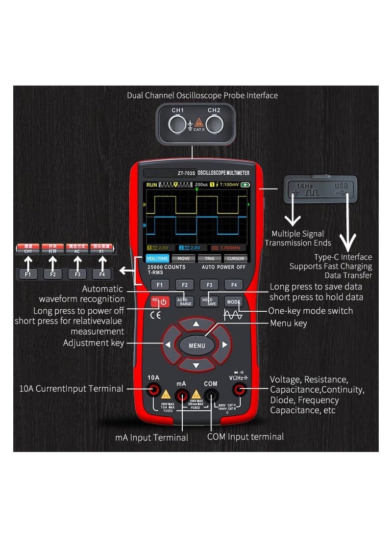 3in1 Digital Multimeter Tester, Multi Tester, Smart Measurement, Auto-Ranging Voltmeter, LCD Display, Tester with Dual-Channel Oscilloscope, Voltage, Current, Resistance, Continuity, Diode