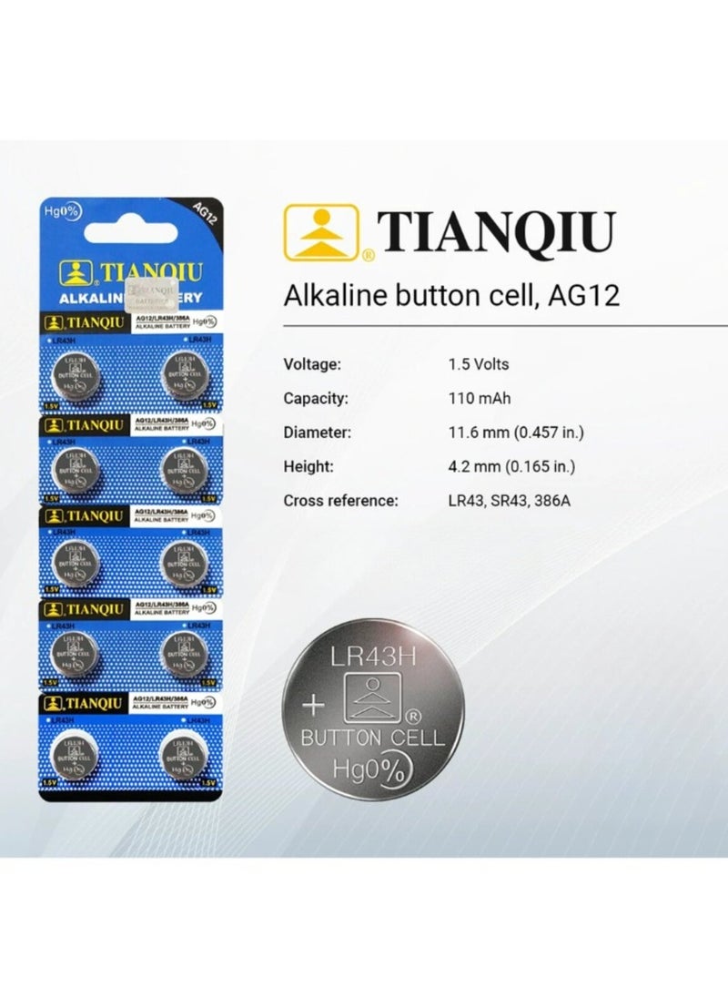 50-Pieces Tianqiu AG12/ LR43H/ 386A 1.5V Alkaline Batteries