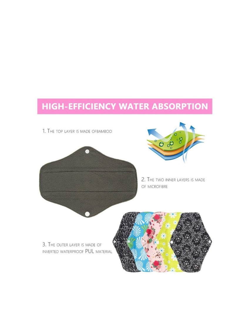 5 Pack Reusable Sanitary Pads, Bamboo Charcoal Sanitary Towels, Washable Waterproof Menstrual Absorbent Pads, Cloth Medium to Heavy Flow Eco Friendly Pads