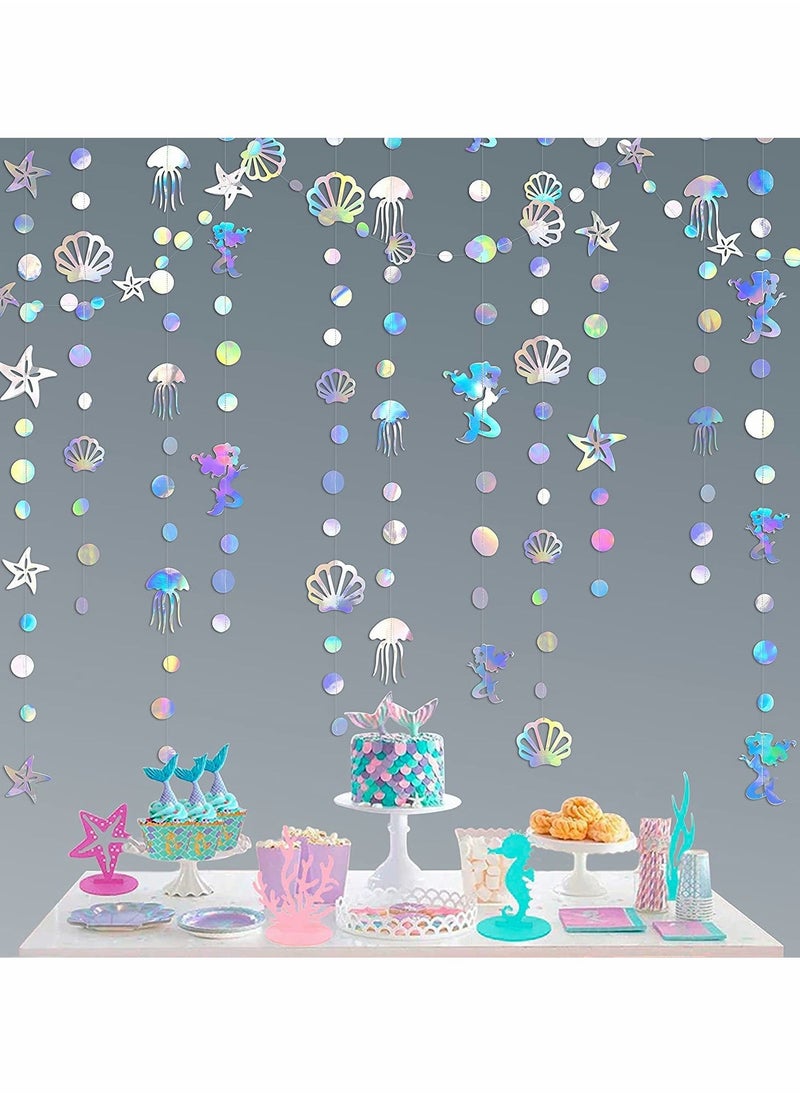 Party Garlands Mermaid Garland with Jellyfish Seashell Starfish Pearl Holographic Paper Streamer for Mermaid Rainbow Theme Birthday Bachelorette Baby Shower Under The Sea Party Decorations