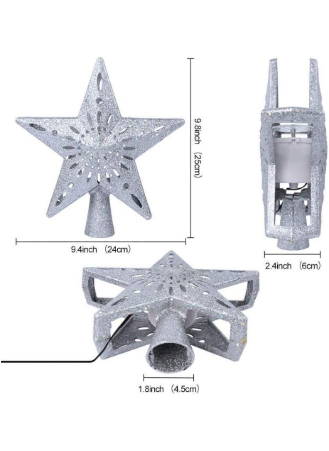 Decoration Tree Topper Silver Star Glittered, Rotating 3D Hollow LED Snowflake Projector Light for Holiday Decoration