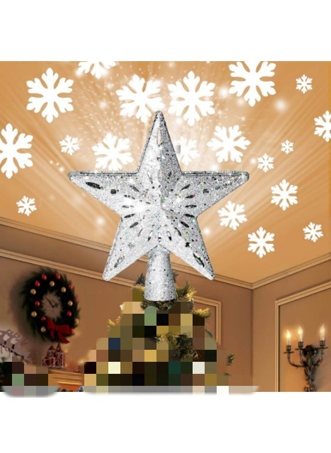 Decoration Tree Topper Silver Star Glittered, Rotating 3D Hollow LED Snowflake Projector Light for Holiday Decoration