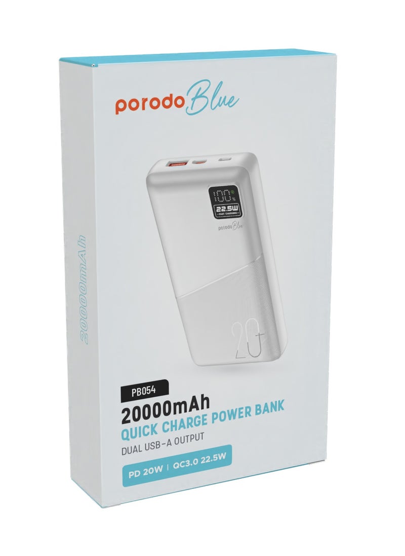 20000mAh Quick Charge Power Bank with Dual USB Output / PD 20W / 22.5W QC3.0 / 18W Micro Input / Digital Display - White