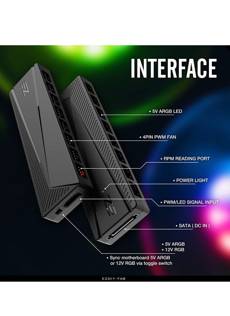 ARGB Fan Hub for PC Case Fan, Fan Distributor, 8 PWM Ports+8 ARGB Ports, 12V RGB/ 5V ARGB Motherboard Sync, PWM Functional Fan Adapter, Two Lighting Controller, Easy Cable Management.