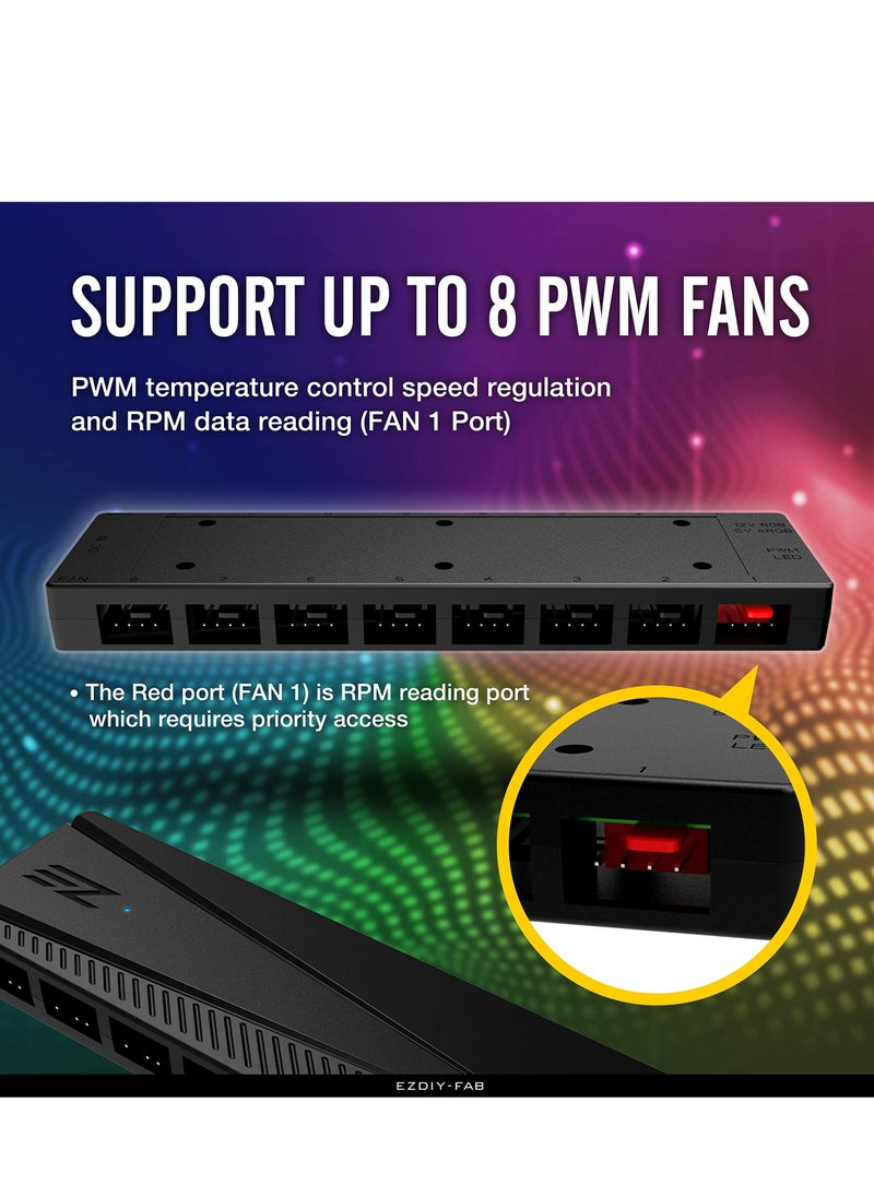 ARGB Fan Hub for PC Case Fan, Fan Distributor, 8 PWM Ports+8 ARGB Ports, 12V RGB/ 5V ARGB Motherboard Sync, PWM Functional Fan Adapter, Two Lighting Controller, Easy Cable Management.