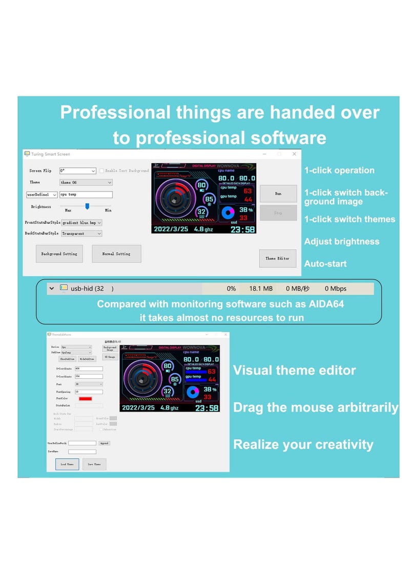 English Version Computer Temp Monitor, Pc Temperature Display, PC Sensor Panel for PC ARGB Computer Case, IPS USB Mini Secondary Screen, PC CPU RAM HDD Data Monitor