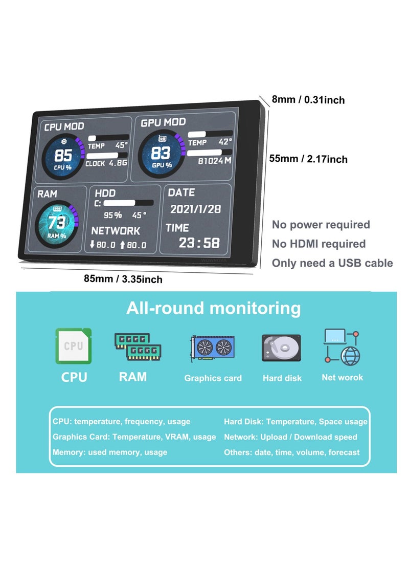 English Version Computer Temp Monitor, Pc Temperature Display, PC Sensor Panel for PC ARGB Computer Case, IPS USB Mini Secondary Screen, PC CPU RAM HDD Data Monitor