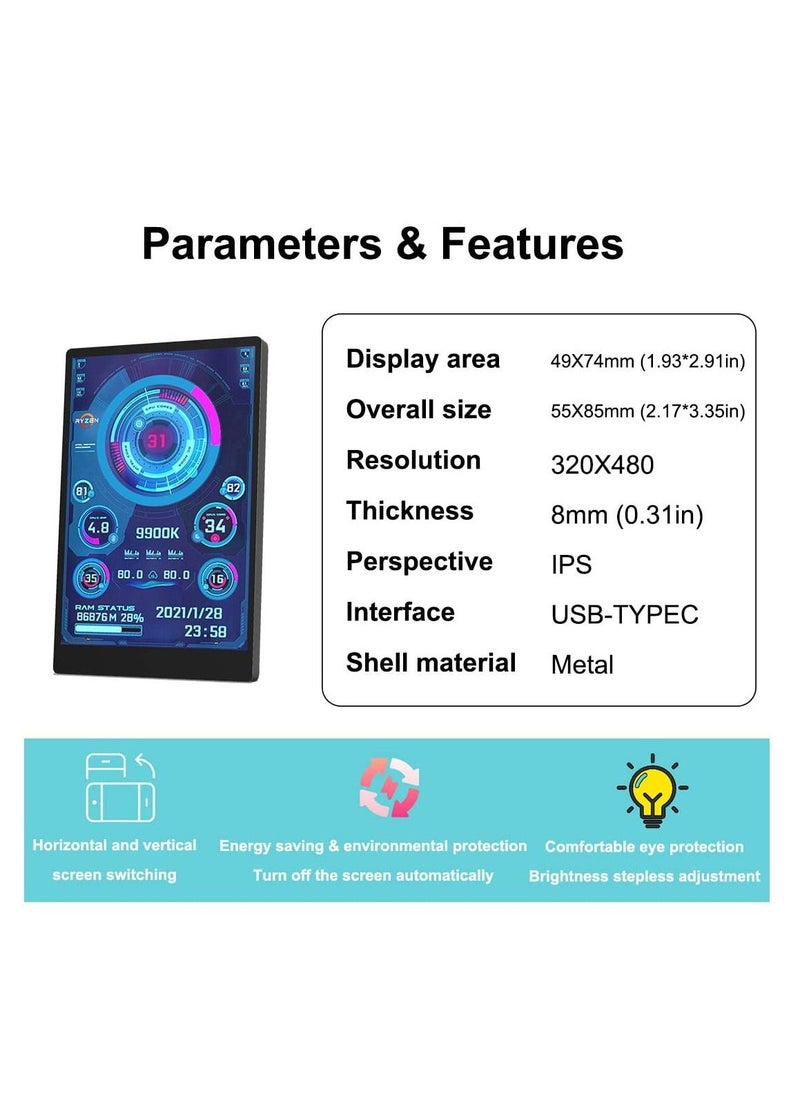 English Version Computer Temp Monitor, Pc Temperature Display, PC Sensor Panel for PC ARGB Computer Case, IPS USB Mini Secondary Screen, PC CPU RAM HDD Data Monitor