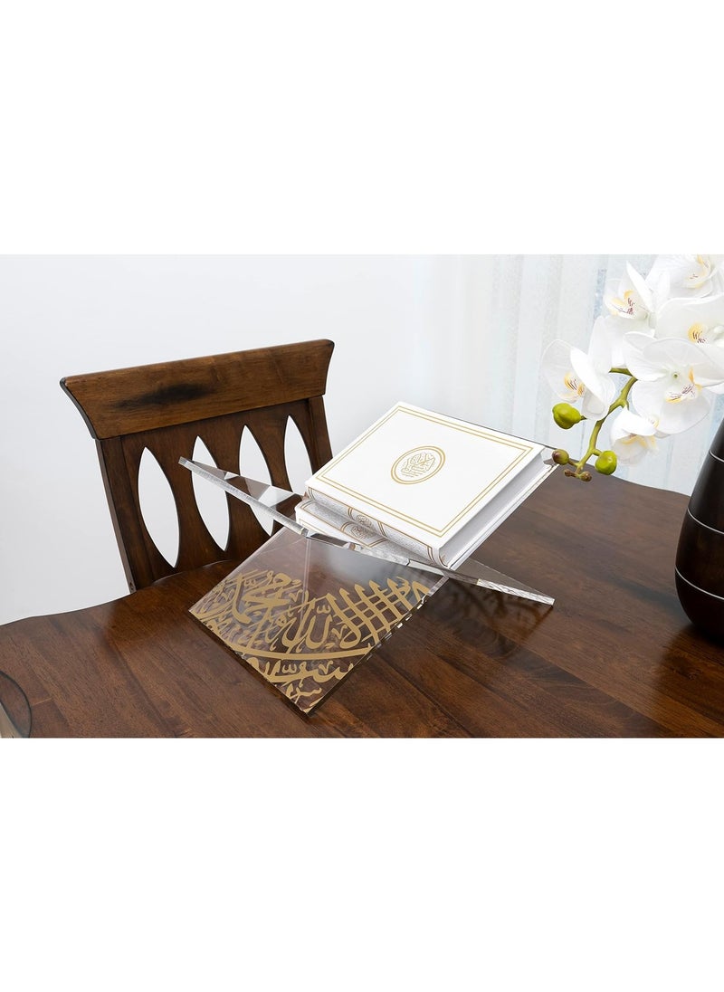 Acrylic Glass Holy Quran Stand  Transparent Rehal Stand with Arabic Golden Calligraphy  Modern Quran Holder  Elegant Design Islamic Gift Gift for Ramadan Eid Birthdays .