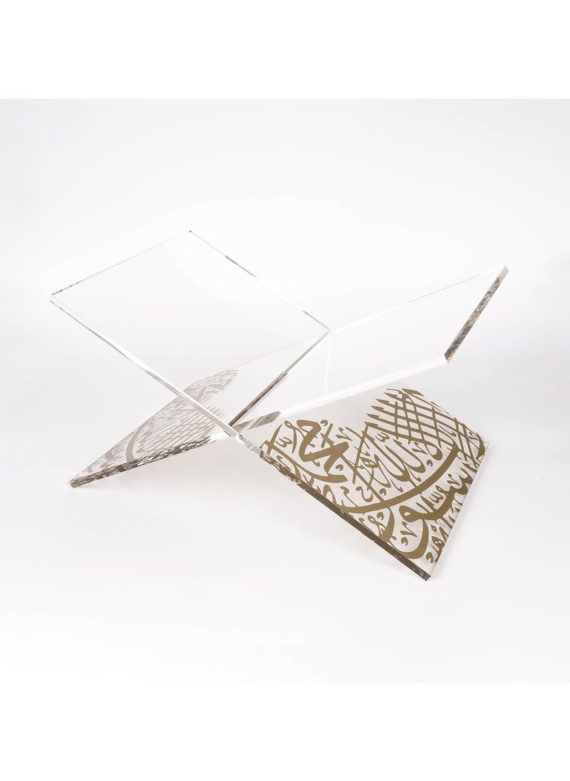 Acrylic Glass Holy Quran Stand  Transparent Rehal Stand with Arabic Golden Calligraphy  Modern Quran Holder  Elegant Design Islamic Gift Gift for Ramadan Eid Birthdays .