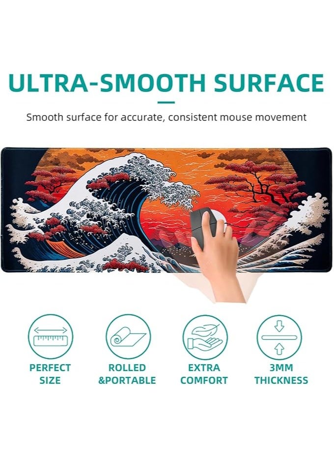 Japanese Sea Waves Large Gaming Mouse Pad for Desk, Desk Mat with Seamed Edges, Waterproof Desk Pad, Non-Slip Rubber Base, 31.5x11.8 Inch Keyboard Pad Computer Mat, Big XL Mousepad