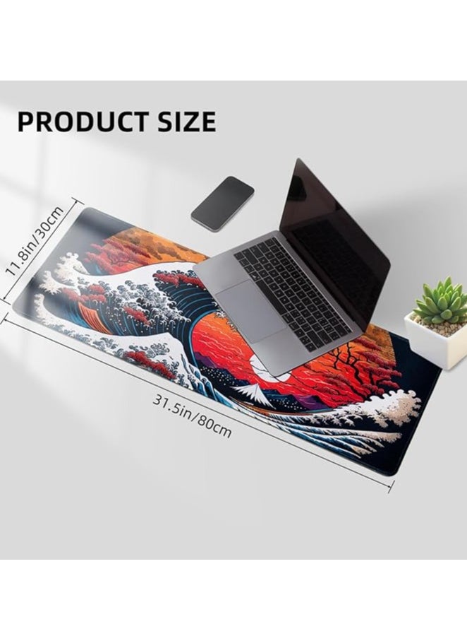 Japanese Sea Waves Large Gaming Mouse Pad for Desk, Desk Mat with Seamed Edges, Waterproof Desk Pad, Non-Slip Rubber Base, 31.5x11.8 Inch Keyboard Pad Computer Mat, Big XL Mousepad