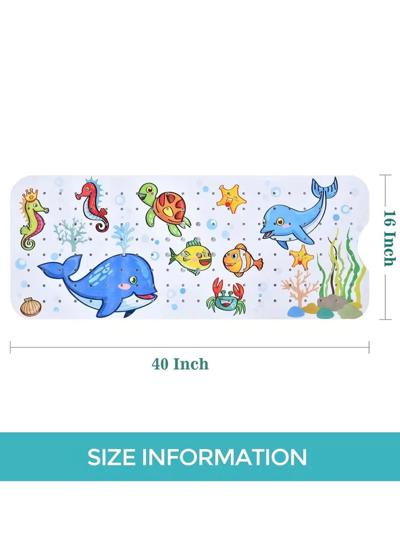 Baby Bath Mat for Tub for Kids, 40 X 16 Inch Extra Long Kids Bathtub Mat Non Slip, Cartoon Patterned Bath Tub Shower Mat Anti Slip with Suction Cups & Drain Holes, Machine Washable, Whale