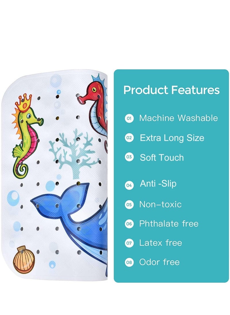 Baby Bath Mat for Tub for Kids, 40 X 16 Inch Extra Long Kids Bathtub Mat Non Slip, Cartoon Patterned Bath Tub Shower Mat Anti Slip with Suction Cups & Drain Holes, Machine Washable, Whale