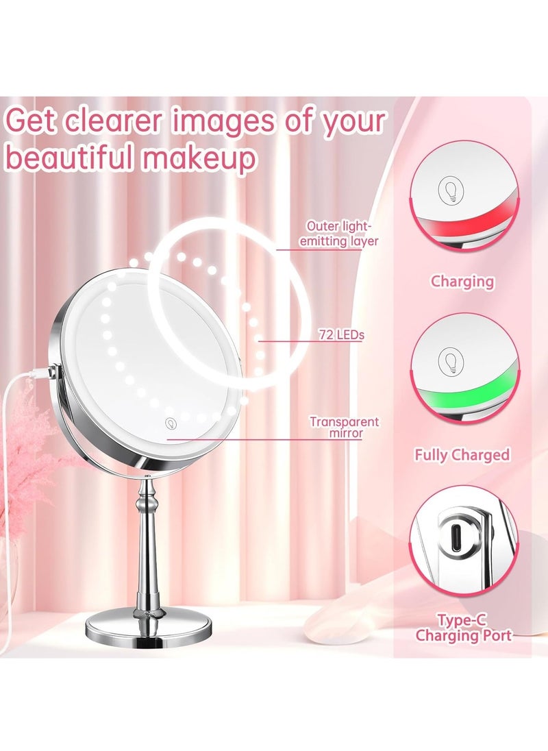 Lighted Makeup Mirror, 9” LED Vanity Mirror 10X Magnifying Double Sided Swivel Cosmetic Mirror, Rotatable Round Tabletop Mirror, Silver