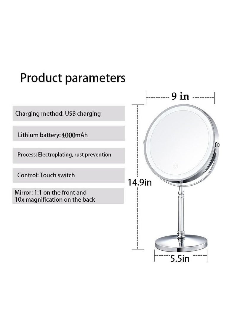 Lighted Makeup Mirror, 9” LED Vanity Mirror 10X Magnifying Double Sided Swivel Cosmetic Mirror, Rotatable Round Tabletop Mirror, Silver