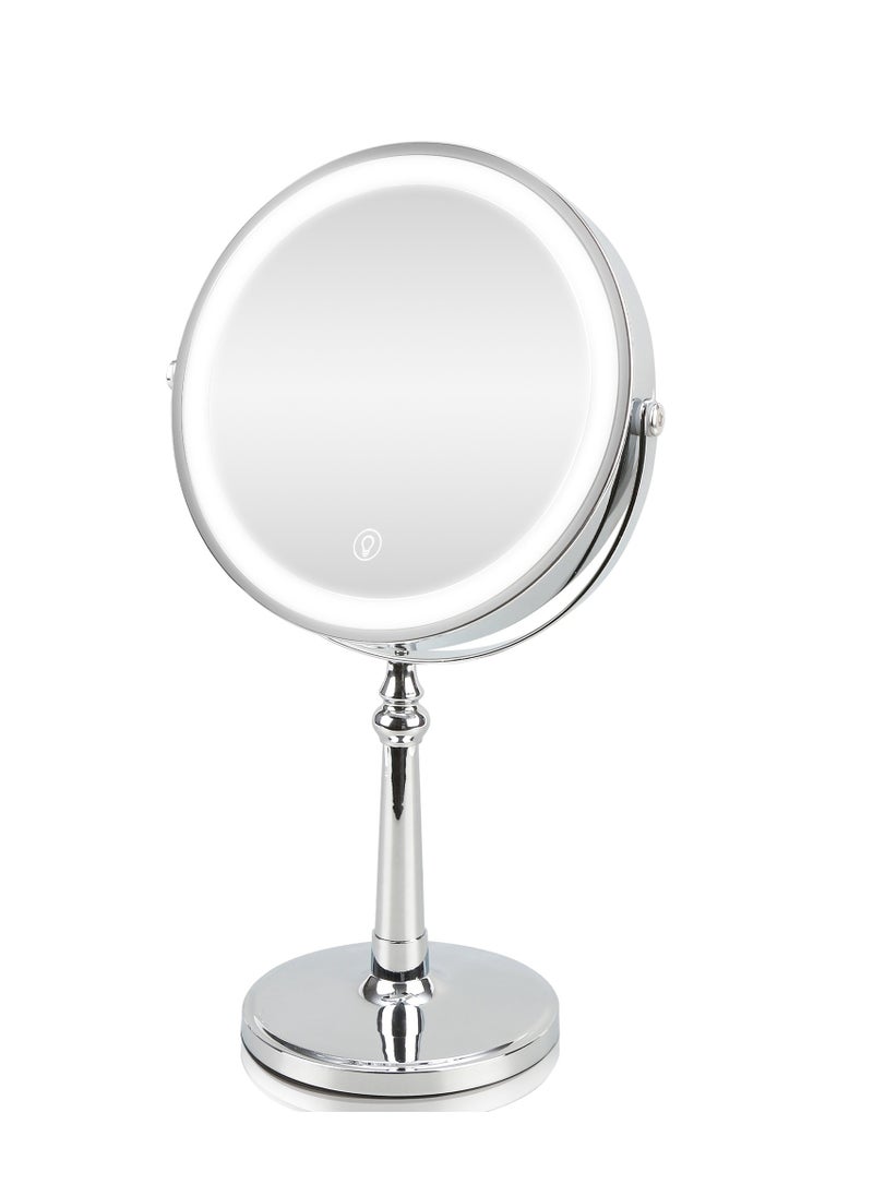 Lighted Makeup Mirror, 9” LED Vanity Mirror 10X Magnifying Double Sided Swivel Cosmetic Mirror, Rotatable Round Tabletop Mirror, Silver