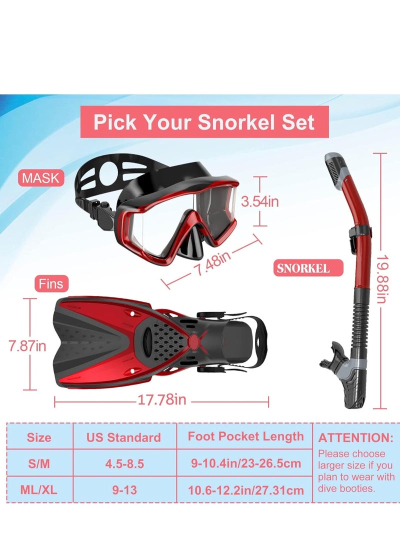 Snorkeling Gear Set for Adults with Panoramic Diving Mask AntiFog Snorkel Adjustable Fins and Travel Bag for Swimming and Freediving