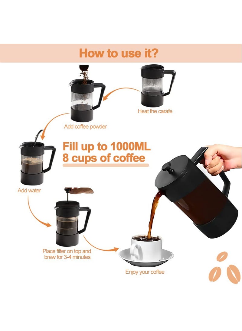French Press Coffee Maker Coffee Tea Kettle 1 Liter Insulated Piston Tea Pot Cafetiere Coffee Cup with Filter 304 Stainless Steel Borosilicate Glass Coffee Press Durable Heat Resistant (1000ML, 34 OZ)