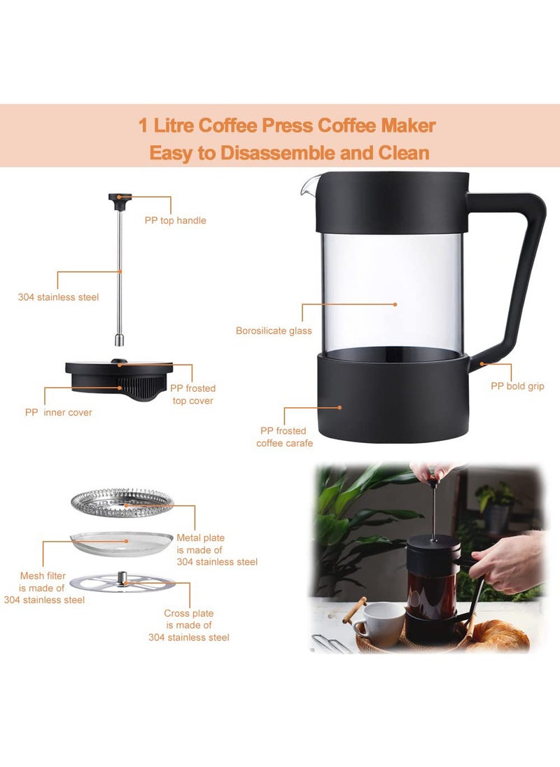 French Press Coffee Maker Coffee Tea Kettle 1 Liter Insulated Piston Tea Pot Cafetiere Coffee Cup with Filter 304 Stainless Steel Borosilicate Glass Coffee Press Durable Heat Resistant (1000ML, 34 OZ)