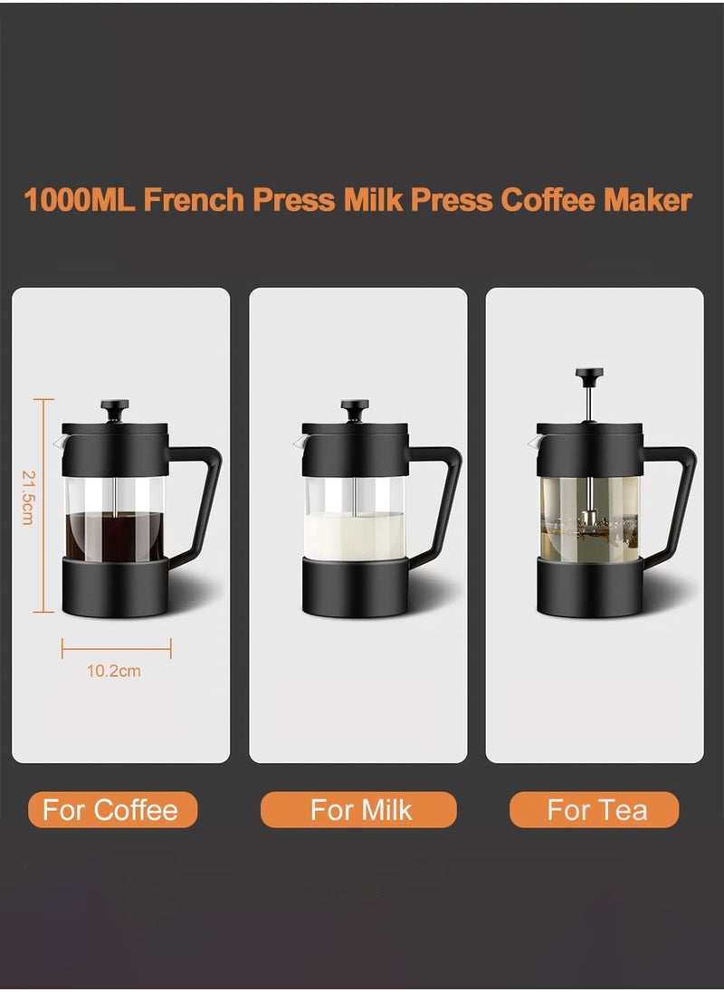 French Press Coffee Maker Coffee Tea Kettle 1 Liter Insulated Piston Tea Pot Cafetiere Coffee Cup with Filter 304 Stainless Steel Borosilicate Glass Coffee Press Durable Heat Resistant (1000ML, 34 OZ)