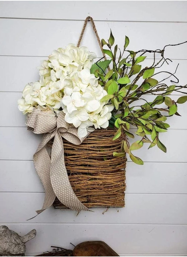 Cream Hydrangea Door Hanger Basket Wreath Wildflowe Hanging Basket Wreath Wall Wreath Basket Decor for Seasonal Welcome Sign Front Door Decoration, Spring Hanging Ornament