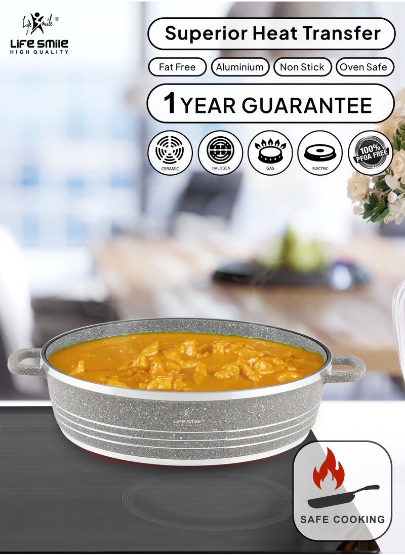 24cm (2.1 Liter) LIFE SMILE Shallow Pot with Lid | Non Stick PFOA FREE Granite Coating Frying Pan | Oven Safe | Dishwasher Safe | Double Handle (Grey)