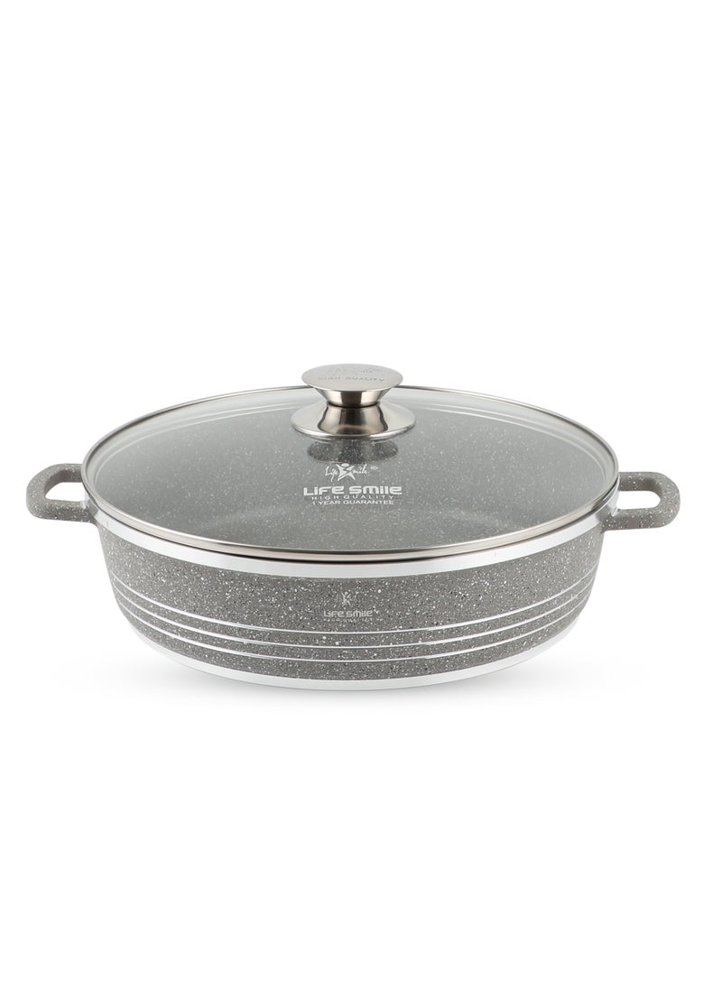 24cm (2.1 Liter) LIFE SMILE Shallow Pot with Lid | Non Stick PFOA FREE Granite Coating Frying Pan | Oven Safe | Dishwasher Safe | Double Handle (Grey)
