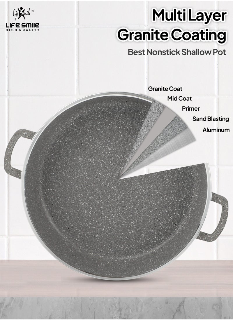 24cm (2.1 Liter) LIFE SMILE Shallow Pot with Lid | Non Stick PFOA FREE Granite Coating Frying Pan | Oven Safe | Dishwasher Safe | Double Handle (Grey)