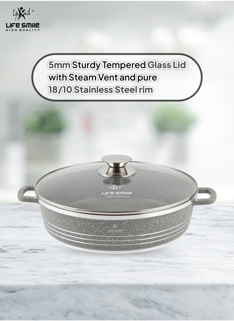 24cm (2.1 Liter) LIFE SMILE Shallow Pot with Lid | Non Stick PFOA FREE Granite Coating Frying Pan | Oven Safe | Dishwasher Safe | Double Handle (Grey)