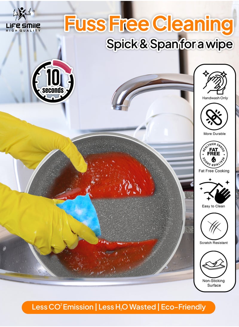 24cm (2.1 Liter) LIFE SMILE Shallow Pot with Lid | Non Stick PFOA FREE Granite Coating Frying Pan | Oven Safe | Dishwasher Safe | Double Handle (Grey)