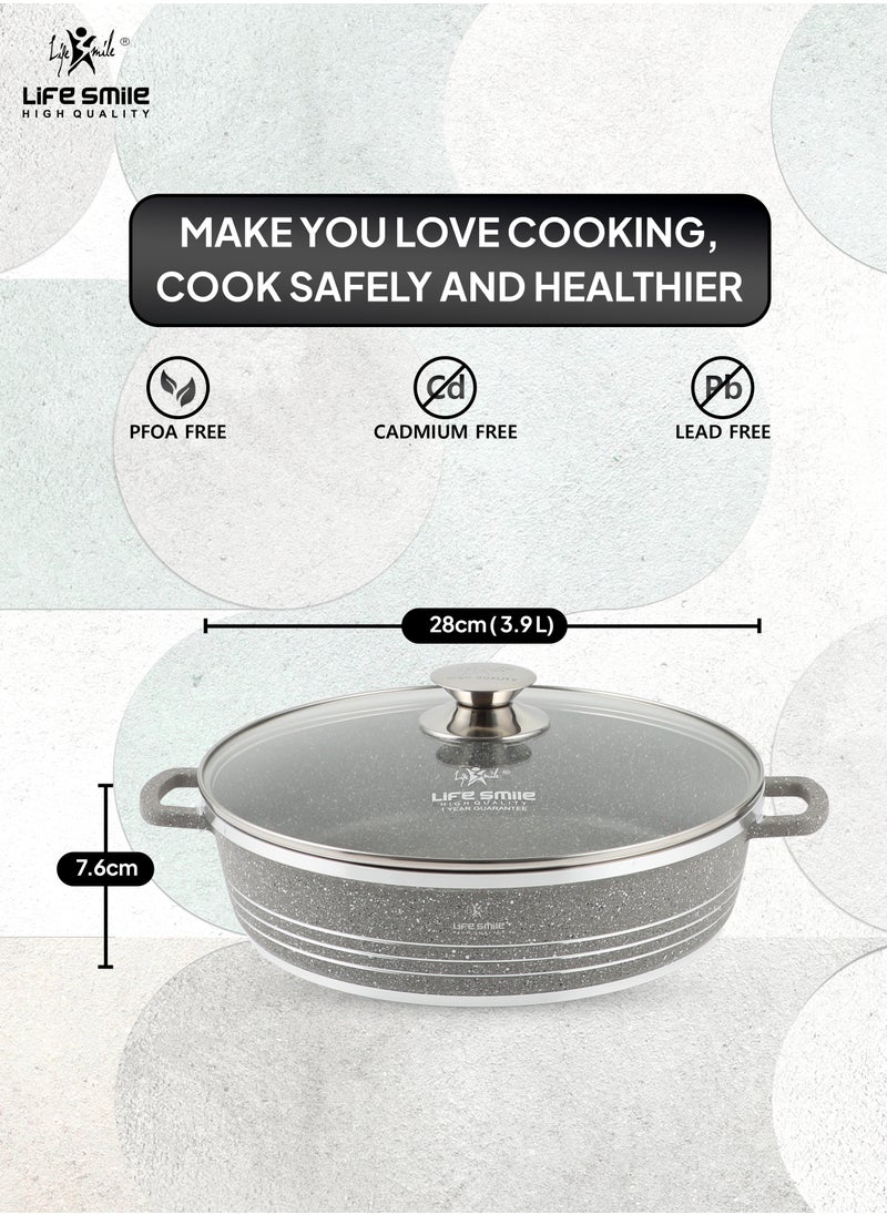 28cm (3.9 Liter) LIFE SMILE Shallow Pot with Lid | Non Stick PFOA FREE Granite Coating Frying Pan | Oven Safe | Dishwasher Safe | Double Handle (Grey)
