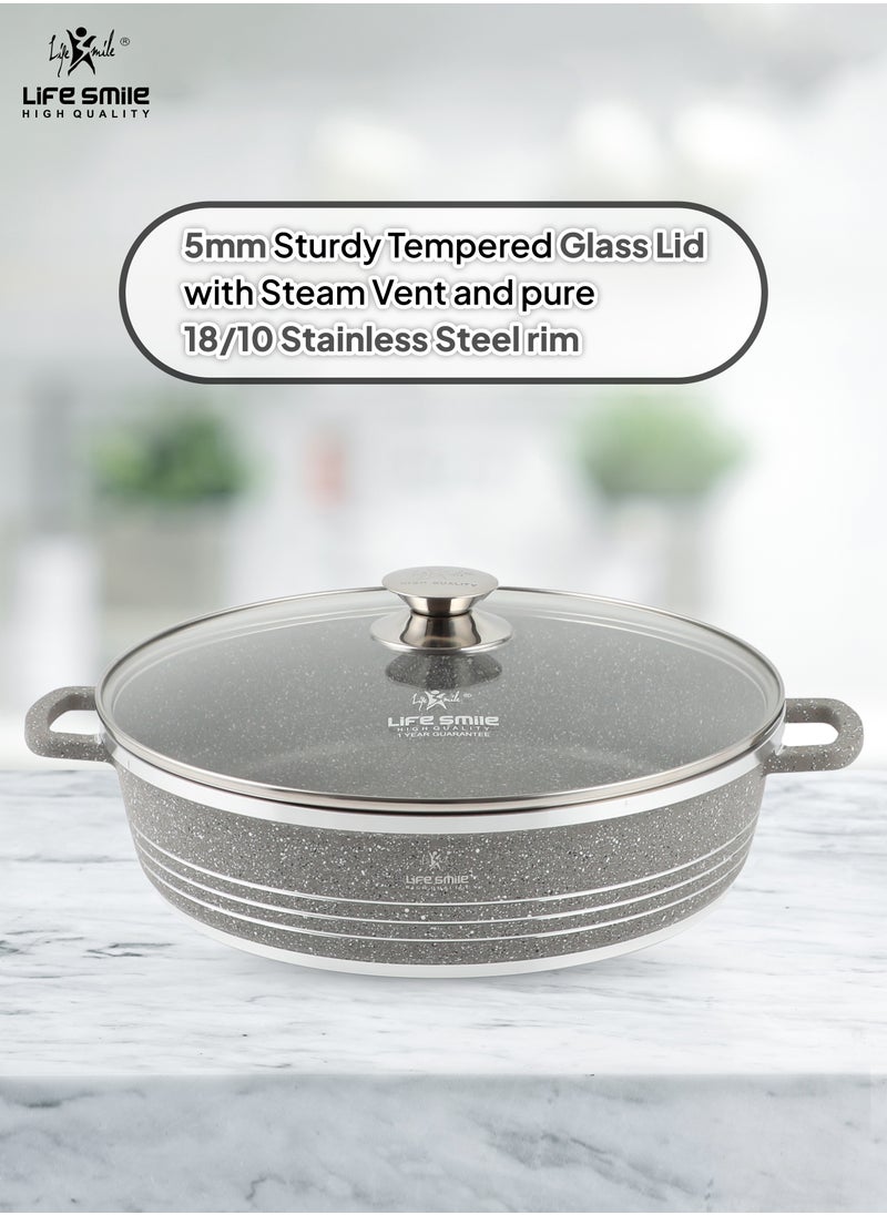 40cm (9.6 Liter) LIFE SMILE Shallow Pot with Lid | Non Stick PFOA FREE Granite Coating Frying Pan | Oven Safe | Dishwasher Safe | Double Handle (Grey)