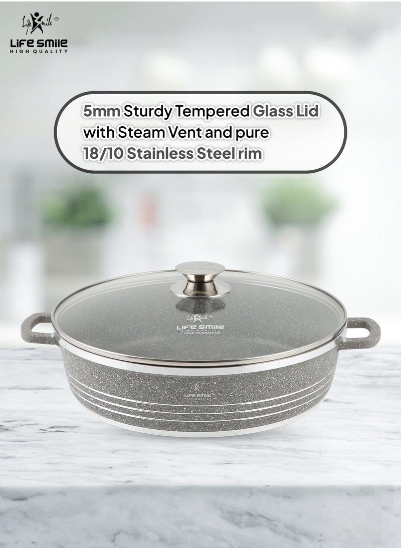 36cm (7.8 Liter) LIFE SMILE Shallow Pot with Lid | Non Stick PFOA FREE Granite Coating Frying Pan | Oven Safe | Dishwasher Safe | Double Handle (36 CM (Grey)