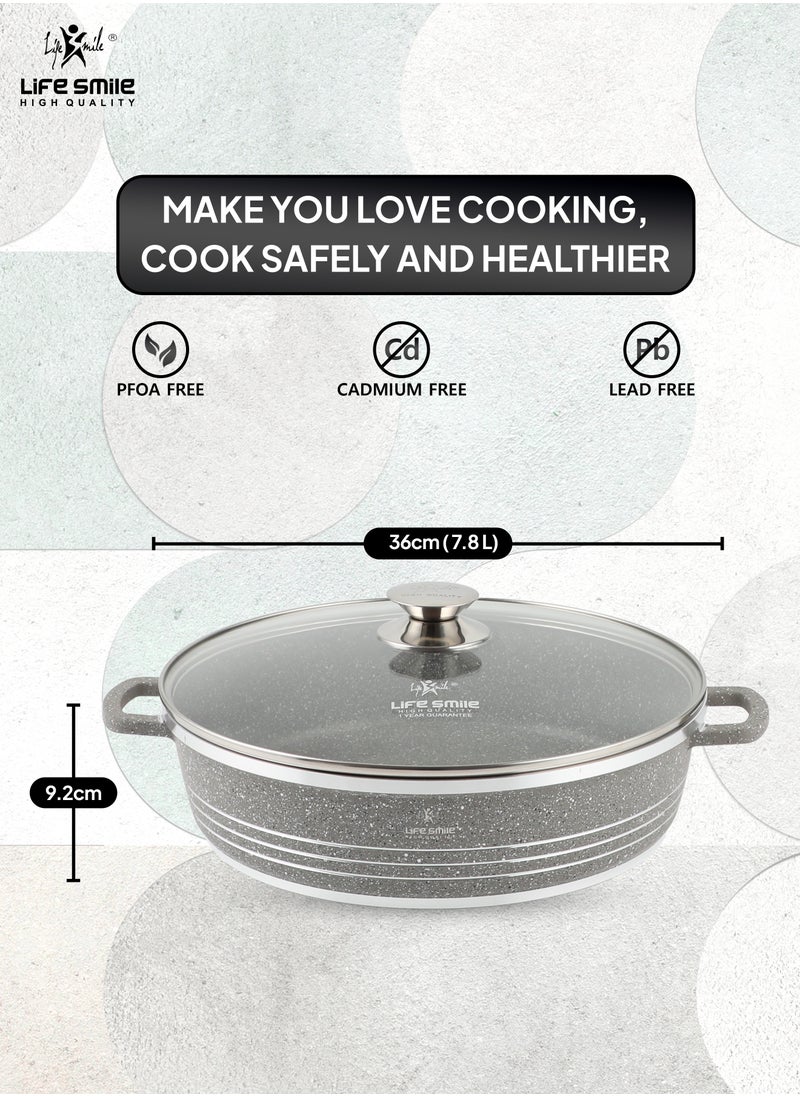 36cm (7.8 Liter) LIFE SMILE Shallow Pot with Lid | Non Stick PFOA FREE Granite Coating Frying Pan | Oven Safe | Dishwasher Safe | Double Handle (36 CM (Grey)