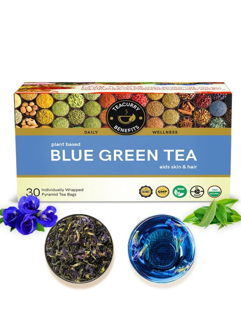 TEACURRY Blue Green Tea(30 Tea Bags) Helps With Weight Loss, Skin Glow, Hair Care, Brain Health Blue Pea Green Tea Blue Butterfly Green Tea For Weight Loss,60 Grams