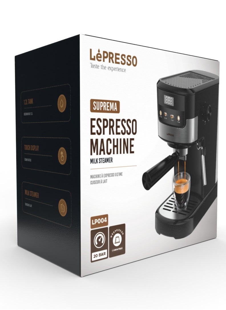 Suprema Espresso Coffee Machine with Touch Display and Milk Steamer 1100W Coffee Maker/ Washable Drip Tray / Nespresso Compatible / 20 Bar Pressure - Black