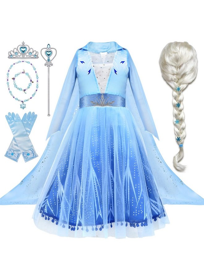 10Pcs Frozen Elsa Costume Dress For Girls Kids Toddler Princess Dress Up Clothes For Little Girls With Elsa Accessories Gloves Crown Wands Wig Necklace For 5 6T Kids Christmas Birthday Party