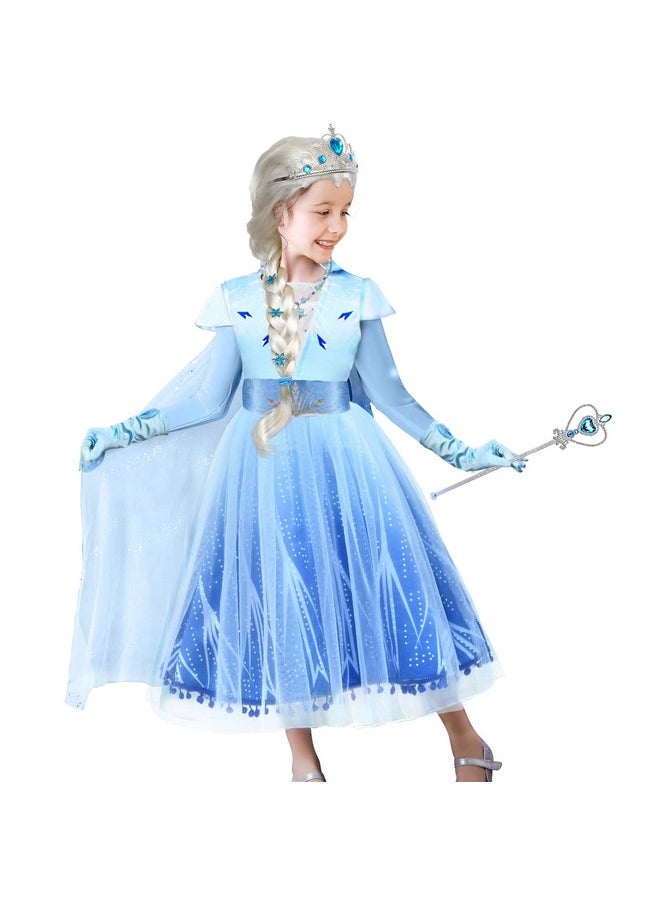 10Pcs Frozen Elsa Costume Dress For Girls Kids Toddler Princess Dress Up Clothes For Little Girls With Elsa Accessories Gloves Crown Wands Wig Necklace For 5-6T Kids Christmas Birthday Party