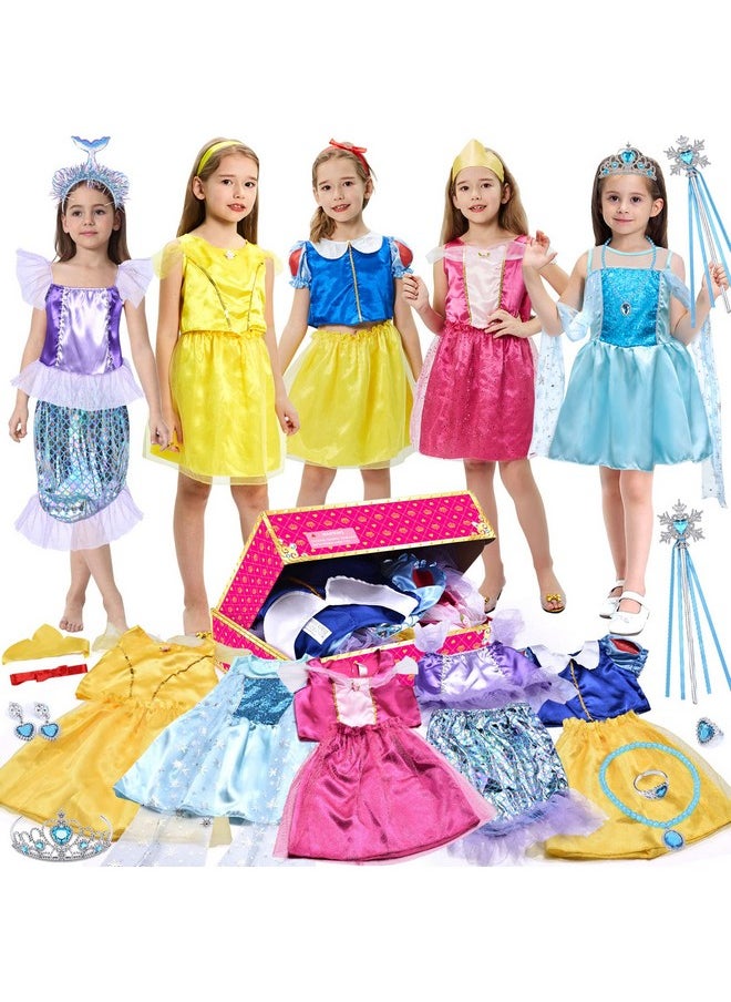 Princess Dress Up Clothes For Little Girls Dress Up Trunk Set Elsa Mermaid Snow Princess Belle Sleeping Beauty Pretend Play Costume Halloween Christmas Birthday Gift For Toddler Girls Age 3 6