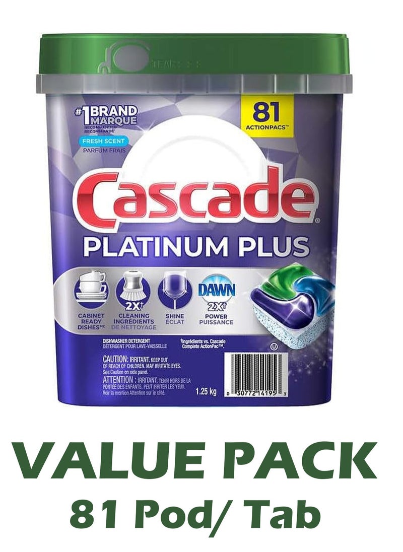 Cascade Platinum Plus Automatic Dishwasher Detergent ActionPacs, Fresh, With Grease Fighting Of Dawn 81Tablet/Pods Green /Purple 1.25 kg