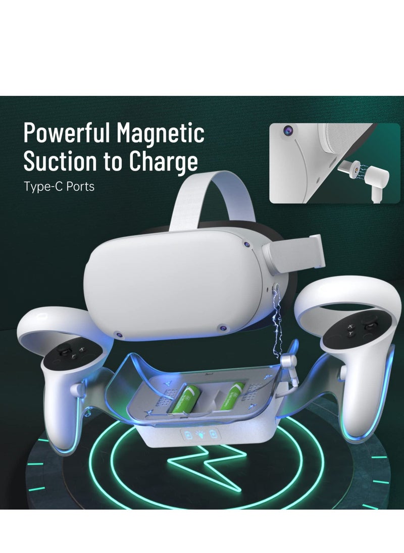 VR Charging Dock for Oculus Quest 2, LED Light Enhanced Headset Display Fast Charging Stand Touch Controller Mount Accessories for Meta Quest 2, 2 Rechargeable Batteries, Magnetic Type-C Connector