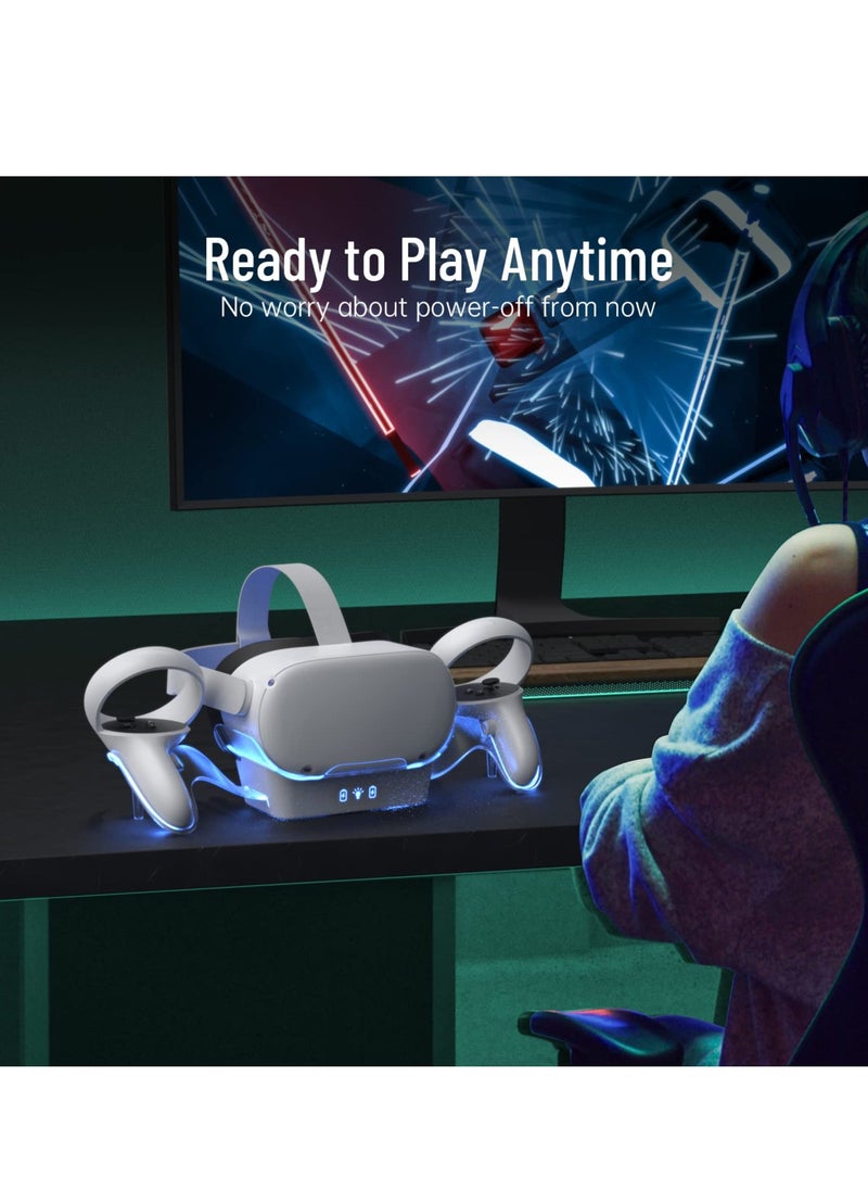 VR Charging Dock for Oculus Quest 2, LED Light Enhanced Headset Display Fast Charging Stand Touch Controller Mount Accessories for Meta Quest 2, 2 Rechargeable Batteries, Magnetic Type-C Connector