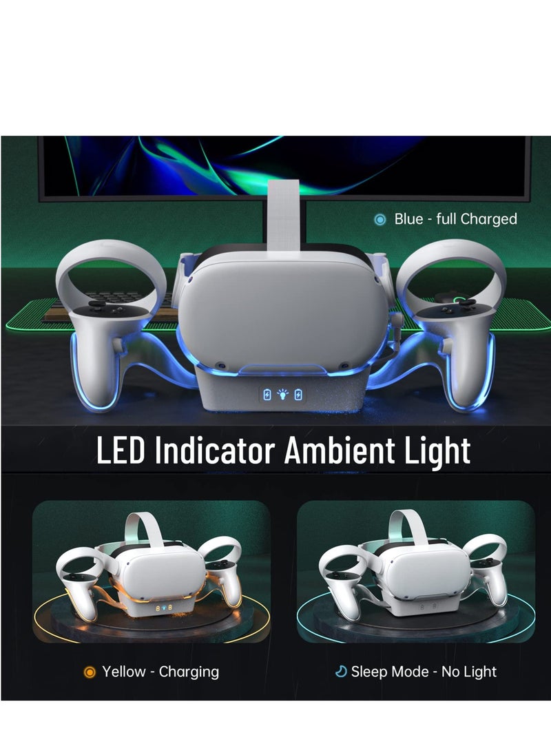 VR Charging Dock for Oculus Quest 2, LED Light Enhanced Headset Display Fast Charging Stand Touch Controller Mount Accessories for Meta Quest 2, 2 Rechargeable Batteries, Magnetic Type-C Connector