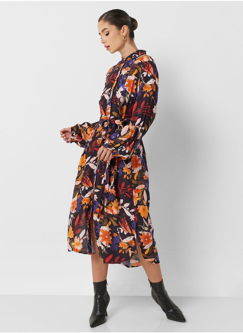 Button Detail Printed Shirt Dress